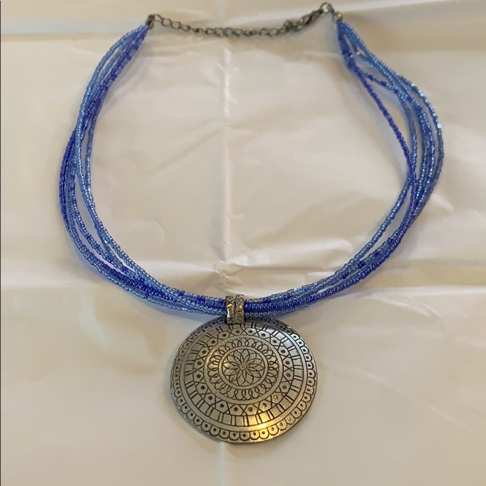 Blue Beaded Necklace with Silver Medallion